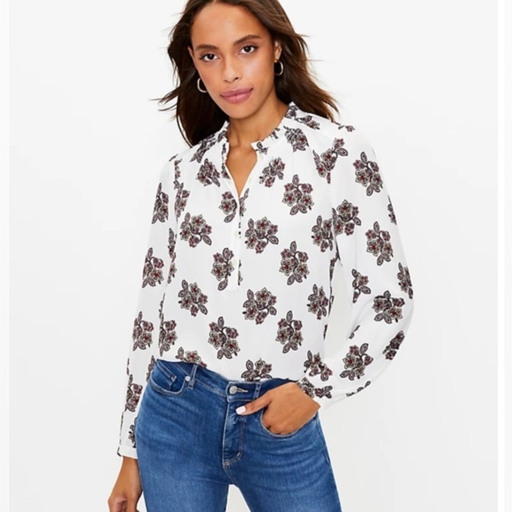 Loft long sleeve white floral print blouse top size small
